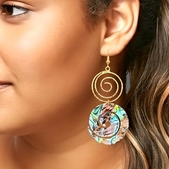 🆕️14K Gold Plated Spiral Abalone Shell Earrings | Lightweight Statement Dangles - Picture 3 of 9